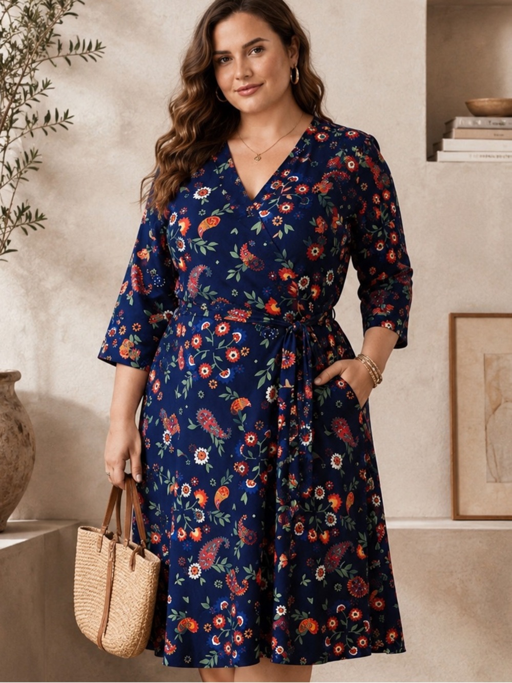 NWT Croft & Barrow Plus Size 1X Floral Faux Wrap Midi Dress V-Neck Stretch Knit